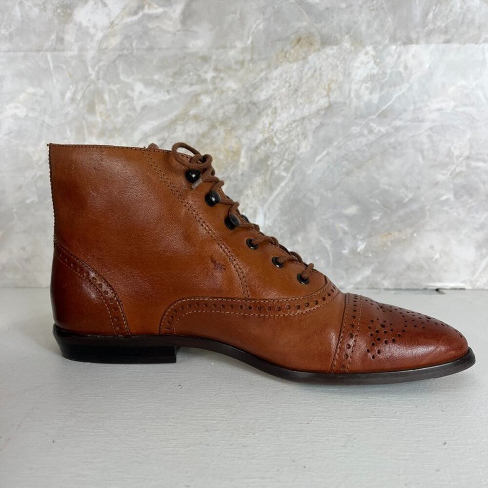 Vintage Hunt Club Tan Leather Lace Up Ankle Boots Womens Size 7.5 Brogue Wingtip - Picture 3 of 12